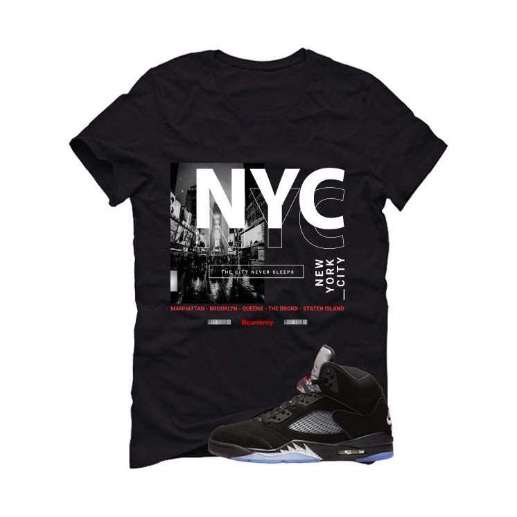 Air Jordan 5 Black Metallic Reimagined Black T-Shirt (City Never Sleeps)| illcurrency