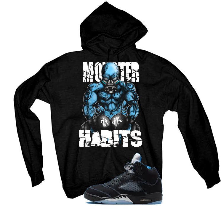 Air Jordan 5 Black/University Blue Matching T-Shirt Black T-Shirt (Monster Habits)| illcurrency