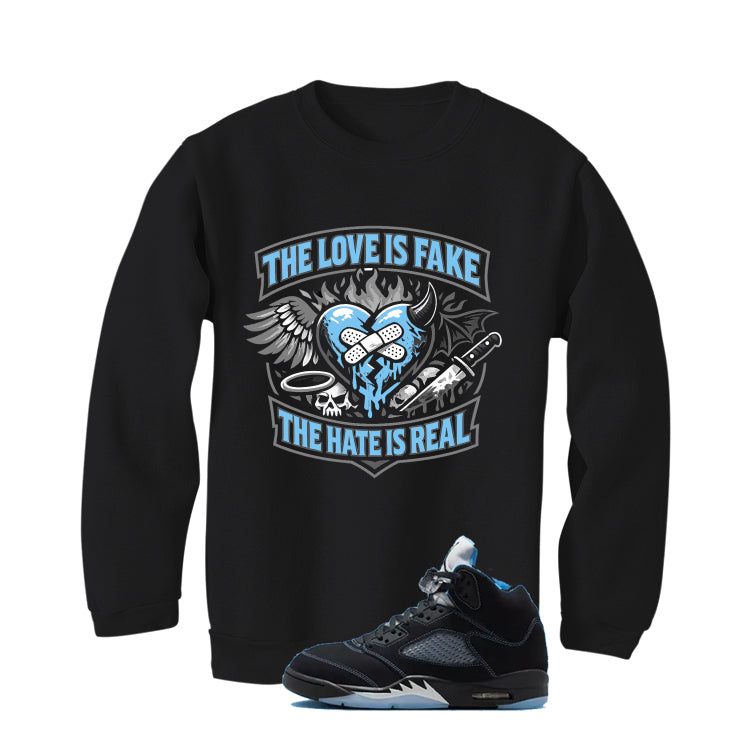 Air Jordan 5 Black/University Blue Matching T-Shirt Black T-Shirt (The Love is fake)| illcurrency