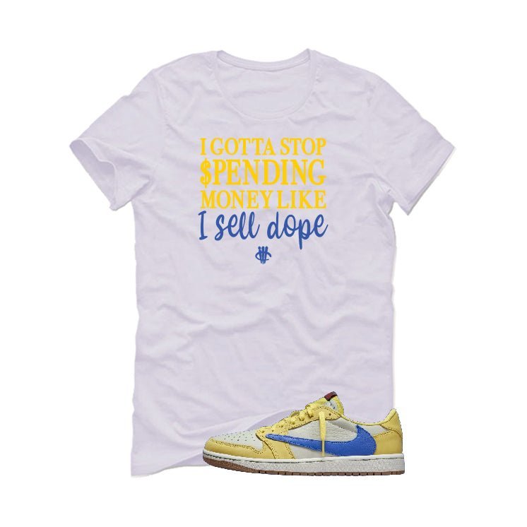 Travis Scott x Air Jordan 1 Low OG “Canary” | illcurrency White T-Shirt (STOP SPENDING MONEY)