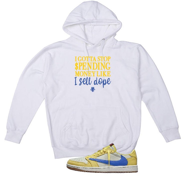 Travis Scott x Air Jordan 1 Low OG “Canary” | illcurrency White T-Shirt (STOP SPENDING MONEY)