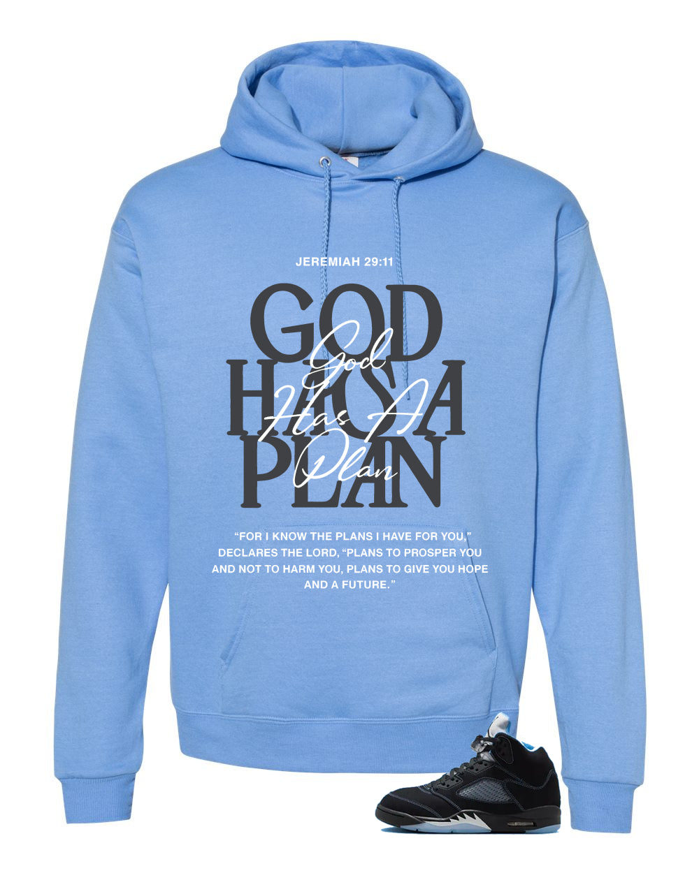 Air Jordan 5 Black/University Blue Matching T-Shirt Carolina Blue T-Shirt (God Has A Plan)| illcurrency