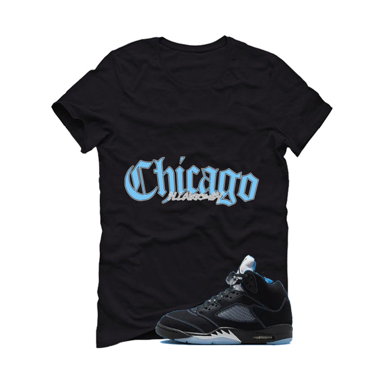 Air Jordan 5 Black/University Blue Matching T-Shirt Black T-Shirt (Chicago)| illcurrency