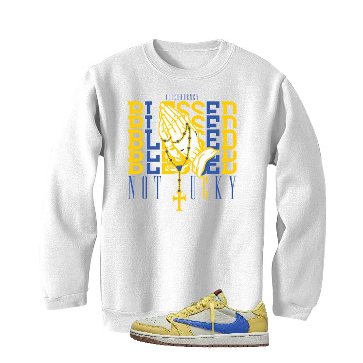 Travis Scott x Air Jordan 1 Low OG “Canary” | illcurrency White T-Shirt (Blessed not lucky)