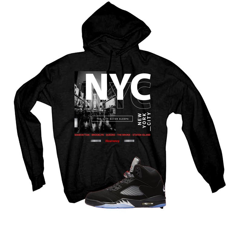 Air Jordan 5 Black Metallic Reimagined Black T-Shirt (City Never Sleeps)| illcurrency