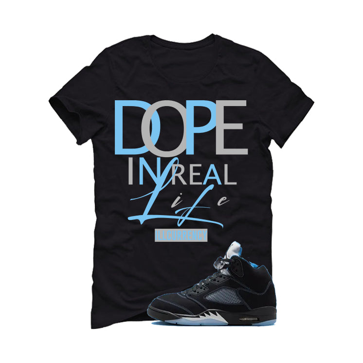 Air Jordan 5 Black/University Blue Matching T-Shirt Black T-Shirt (DOPE)| illcurrency
