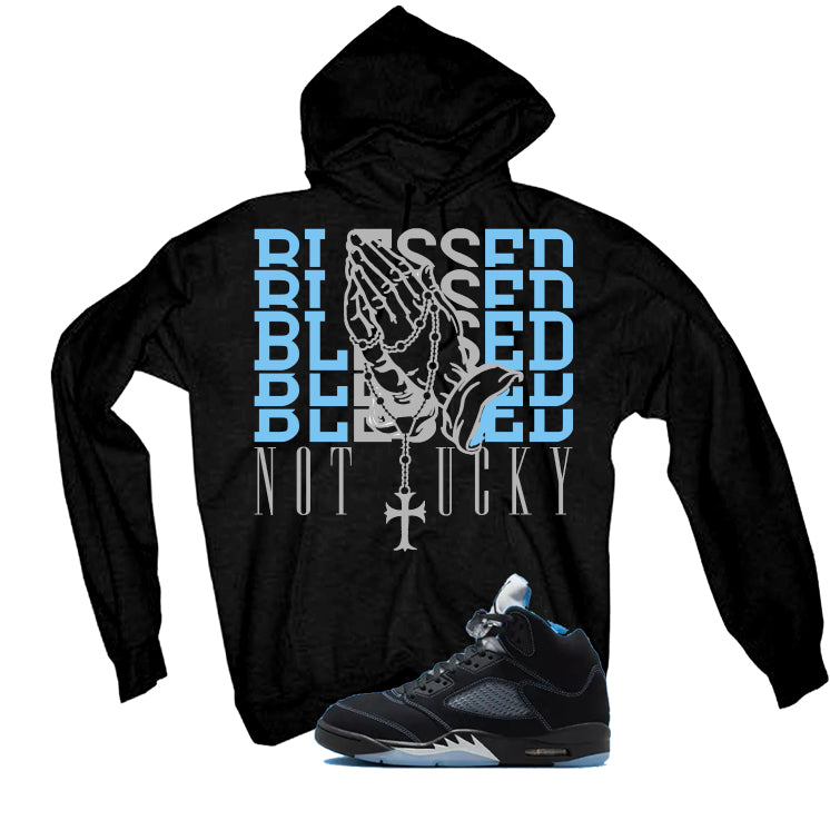 Air Jordan 5 Black/University Blue Matching T-Shirt Black T-Shirt (Blessed not lucky)| illcurrency