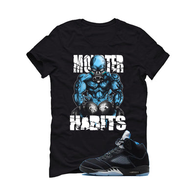 Air Jordan 5 Black/University Blue Matching T-Shirt Black T-Shirt (Monster Habits)| illcurrency