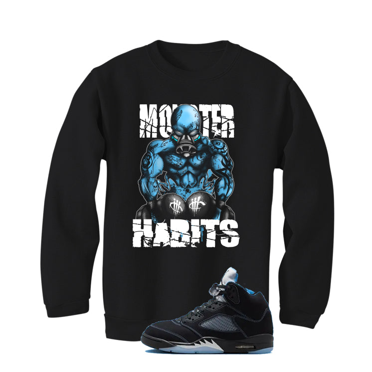 Air Jordan 5 Black/University Blue Matching T-Shirt Black T-Shirt (Monster Habits)| illcurrency