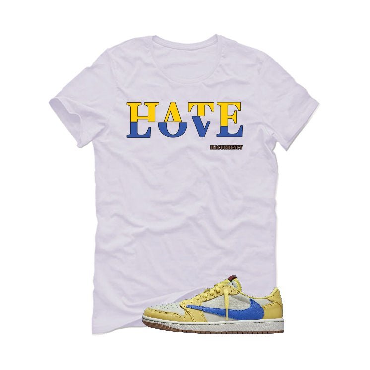 Travis Scott x Air Jordan 1 Low OG “Canary” | illcurrency White T-Shirt (Hate Love)