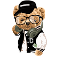 Teddy bear wearing a black cap, glasses, and a varsity jacket with money in its pocket on a white background.