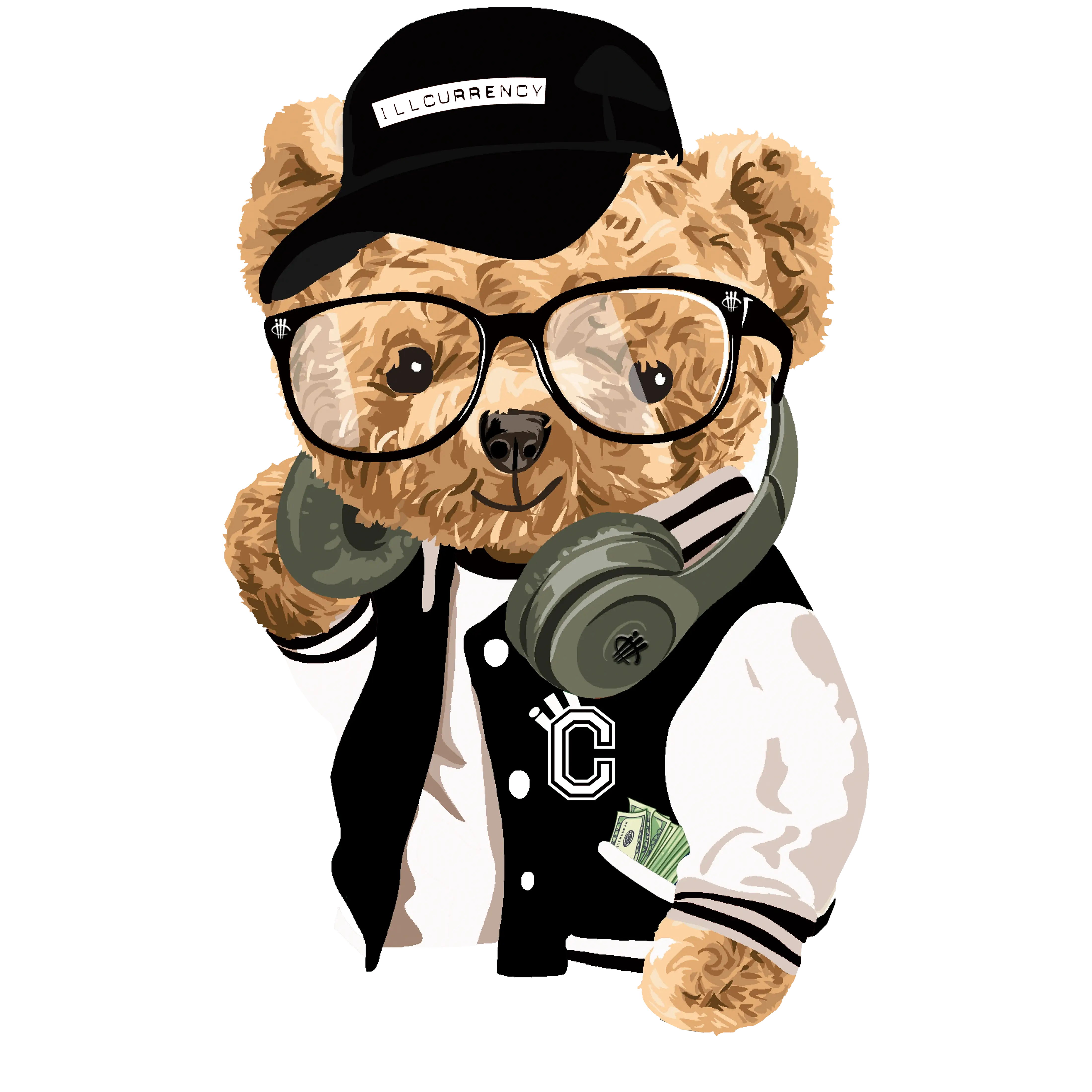 Teddy bear wearing a black cap, glasses, and a varsity jacket with money in its pocket on a white background.