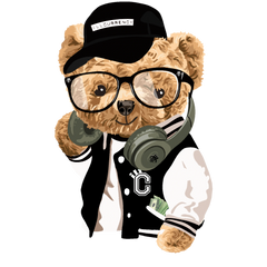 Teddy bear wearing a black cap, glasses, and a varsity jacket with money in its pocket on a white background.