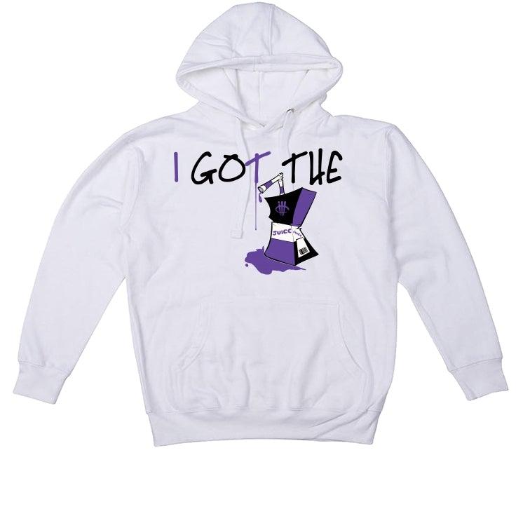 Air Jordan 1 Retro High OG “Court Purple” White T-Shirt (I got the juice) - illCurrency Sneaker Matching Apparel